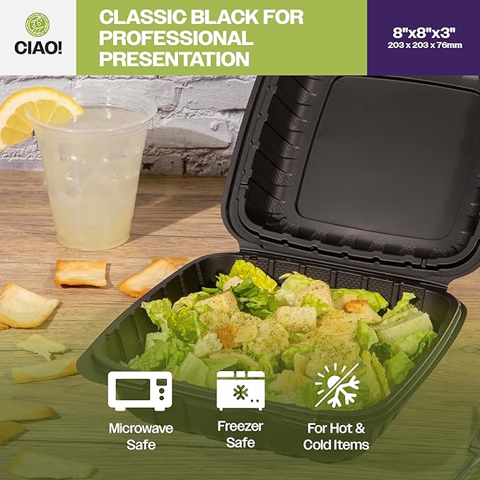 CIAO! 8"x8"X3" MFPP Black Hinged Container With Lid 1 Compartment (Case of 200)