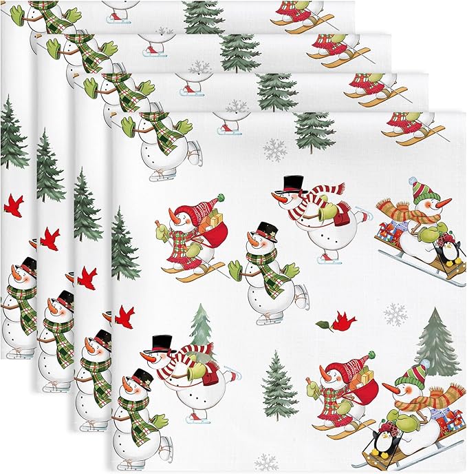 Christmas Snowman Napkins, 18×18 Inch Dinner Cloth Napkins Set of 4, Washable Cotton Soft Absorbent Square Table Top Decoration for Dining Kitchen Party Wedding