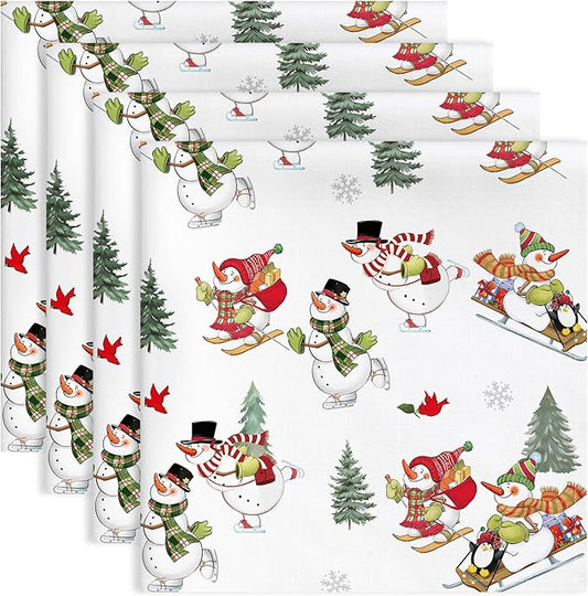 Christmas Snowman Napkins, 18×18 Inch Dinner Cloth Napkins Set of 4, Washable Cotton Soft Absorbent Square Table Top Decoration for Dining Kitchen Party Wedding