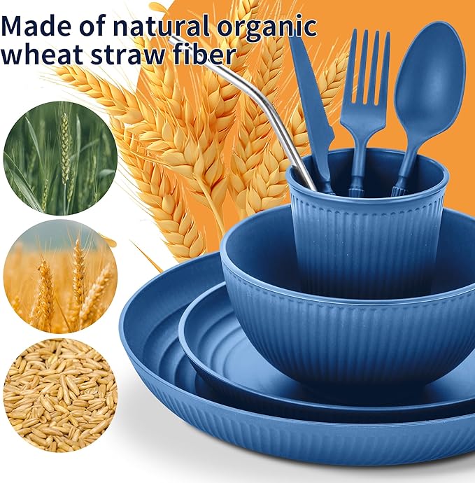 Wheat Straw Dinnerware Sets,64-Piece Plates and Bowls Sets for 8-Unbreakable,Reusable Plastic Dish Set-Dinner Plate/Dessert Plate/Cereal Bowl/Cup/Utensils-Dishwasher Safe 64P-Oecan Coral