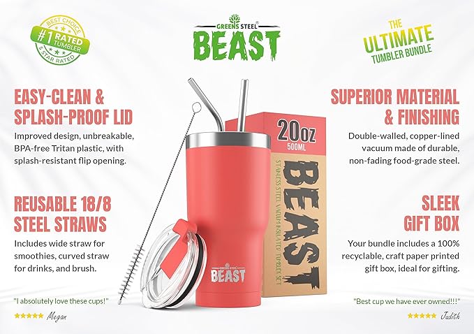 Beast 20 oz Tumbler Stainless Steel Vacuum Insulated Coffee Ice Cup Double Wall Travel Flask (Coral Pink)