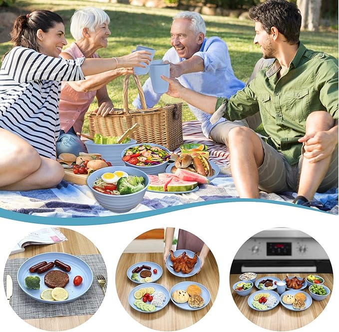 12pcs Plastic Wheat Straw Dinnerware Sets Service for 4, Cups, Plates and Bowls Sets Microwave Dishwasher Safe Lightweight