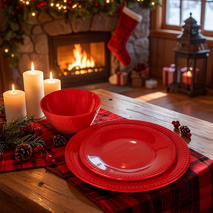 Red Melamine Dinnerware Sets of 12 Pcs, BPA Free Dishes Set, Plates and Bowls Sets for Indoor Outdoor Dining on the Beach, RV, Camping Use,Lightweight Unbreakable Dishwasher Safe