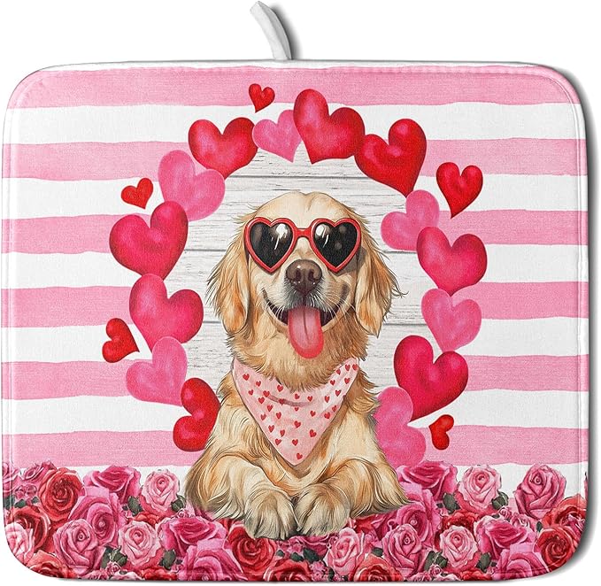 Valentine's Day Dog Dish Drying Mat for Kitchen Counter 16x18 inch Heart Rose Absorbent Dish Drainer Rack Mats for Coffee Bar Countertop