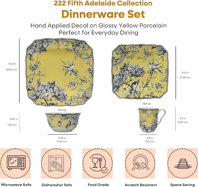 222 Fifth Adelaide 16-Piece Square Floral Dinnerware Set – Service for 4,Yellow Porcelain Plates & Bowls, for Everyday Dining & Entertainment, Microwave & Dishwasher Safe, Chip Resistant