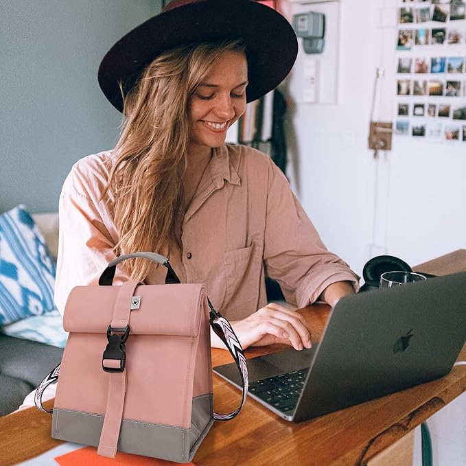 SUNNY BIRD Insulated Lunch Bag Pink Lunch Box Small Cooler Bag for Women, Girls, Adults and Teens (Pink with pink shoulder strap)