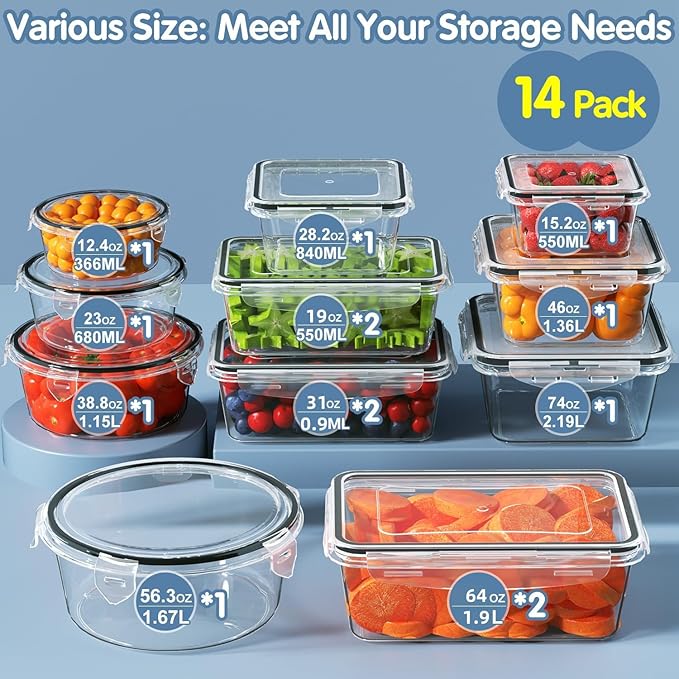 28 Pieces Food Storage Containers with Lids EXTRA LARGE Freezer Containers for Food BPA-Free Meat Fruit Vegetables Plastic Containers with lids Storage Airtight Leak-Proof Food Boxes for Kitchen