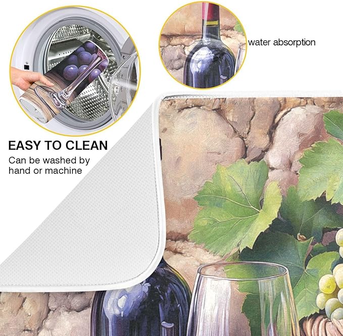 Wine Bottle Wine Glass Grapes Dish Drying Mat for Kitchen Counter Super Absorbent Dishes Pad Reversible Microfiber Protector Dish Draining Mats 18x24 inch