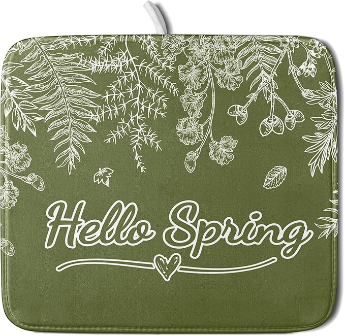 Spring Dish Drying Mats 16x18 Inch,Sage Green Leaves Seasonal Absorbent Microfiber Dishes Drainer Rack Mat Fast Dry Drying Pad for Countertop Table Sink Kitchen Decor Accessories