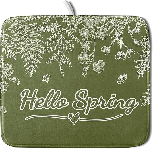 Spring Dish Drying Mats 16x18 Inch,Sage Green Leaves Seasonal Absorbent Microfiber Dishes Drainer Rack Mat Fast Dry Drying Pad for Countertop Table Sink Kitchen Decor Accessories