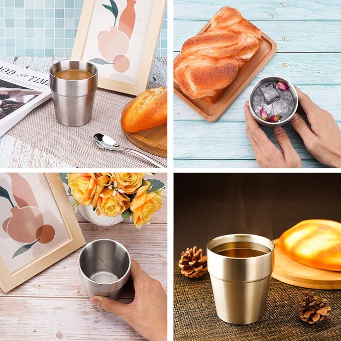 Beasea Stainless Steel Cups 8 oz, Metal Drinking Cups Set of 4, Stackable Stainless Steel Cups Double Wall Small Cup Insulated Drinking Cups Glasses for Home Restaurant Party Camping