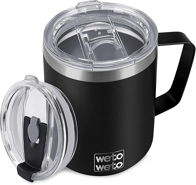 WETOWETO Coffee Mug with Handle, 14oz Insulated Stainless Steel Reusable Coffee Cup, Double Wall Coffee Travel Mug, Powder Coated Black
