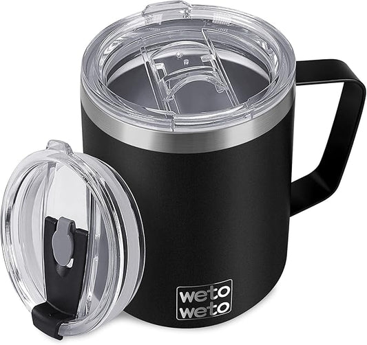 WETOWETO Coffee Mug with Handle, 14oz Insulated Stainless Steel Reusable Coffee Cup, Double Wall Coffee Travel Mug, Powder Coated Black