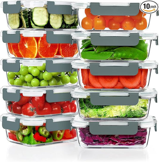 VERONES 10 Pack 22 OZ Glass Meal Prep Containers, Airtight Glass Lunch Containers Set, Glass Food Storage Containers with Lids,Exclusive of BPA, for Microwave, Oven, Freezer & Dishwasher Friendly,Grey