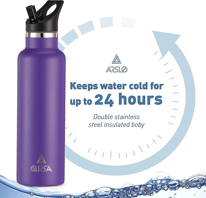 Stainless Steel Double Wall Water Bottles, Vacuum Insulated Bottle With Straw Lid, Insulated Water Bottle Keeps Water Cold for 24 Hours, Hot for 12 Hours, Hiking, Sports