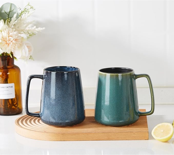 24 OZ Extra Large Ceramic Coffee Mug, with Spoon and Wooden Lid, Big Tea Cups with a Large Handle for Office and Home, Microwave and Dishwasher Safe (24 oz Green Set)