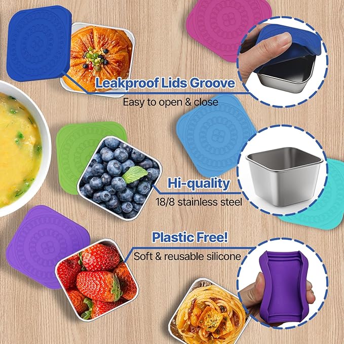 Set of 4 Snackle Box Containers,Toddler Snack Container,Stainless Steel Snack Containers for Kids;Leak Proof Stackable Small Metal Lunch Box with Silicone Lids