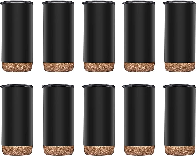 DISCOUNT PROMOS Travel Tumblers with Cork Bottom 16 oz. Set of 10, Bulk Pack - Double Wall Insulated, Matte Finish, Perfect for Iced Coffee, Soda, Other Beverages - Black