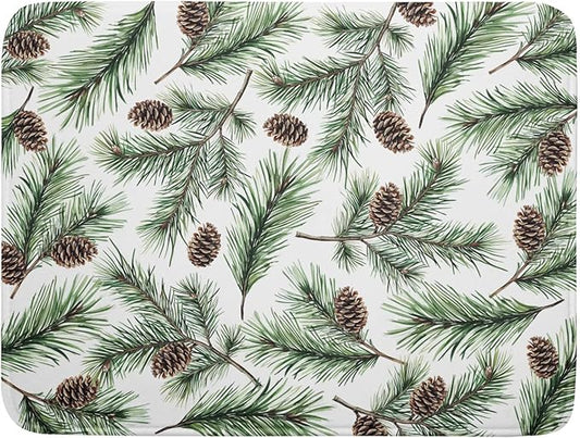 Winter Dish Drying Mat for Kitchen Counter Pine Needle Cone Festival Xmas Microfiber Absorbent Dish Draining Reusable Washable Foldable Extra Large 18"x24"