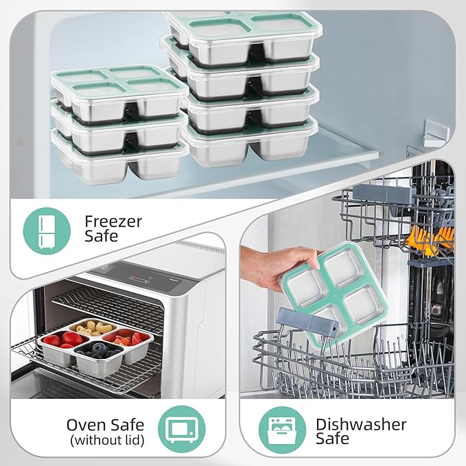 4 Pack Stainless Steel Snack Containers with Lids 4 Compartment Food Storage Containers for Adults Meal Prep Reusablele for work or going out. (BLUE, 4)