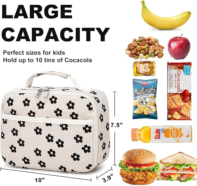 Bluboon Kids Girls Lunch Bag Insulated Lunch Box for school Corduroy Lunch Cooler Organizer School Kids Lunch Tote (Corduroy Beige Floral)