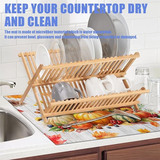Sunflower Pumpkin Dish Drying Mat for Kitchen Counter drying Pad Absorbent Reversible Dish Drainer Rack Mats Draining Pad 18"x24"Inch