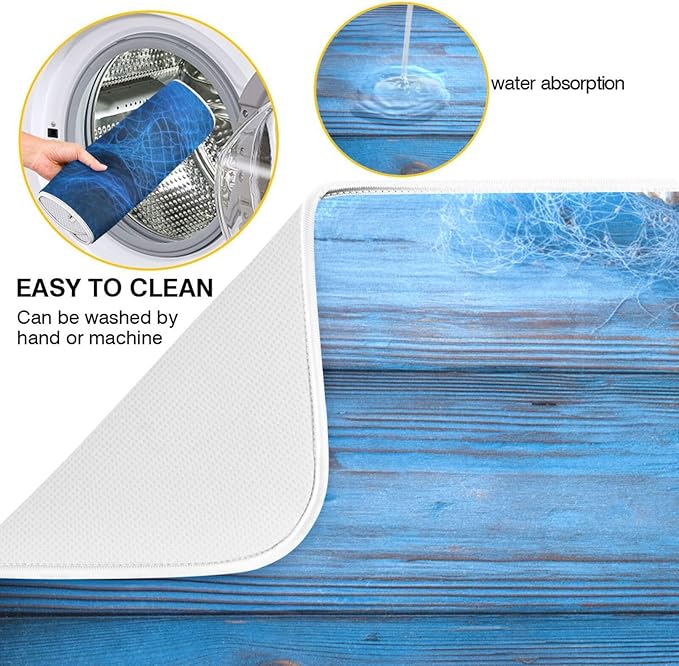 Blue Fishing Nets Seashells Starfish Dish Drying Mat for Kitchen Counter Super Absorbent Dishes Pad Reversible Microfiber Protector Dish Draining Mats 18x24 inch