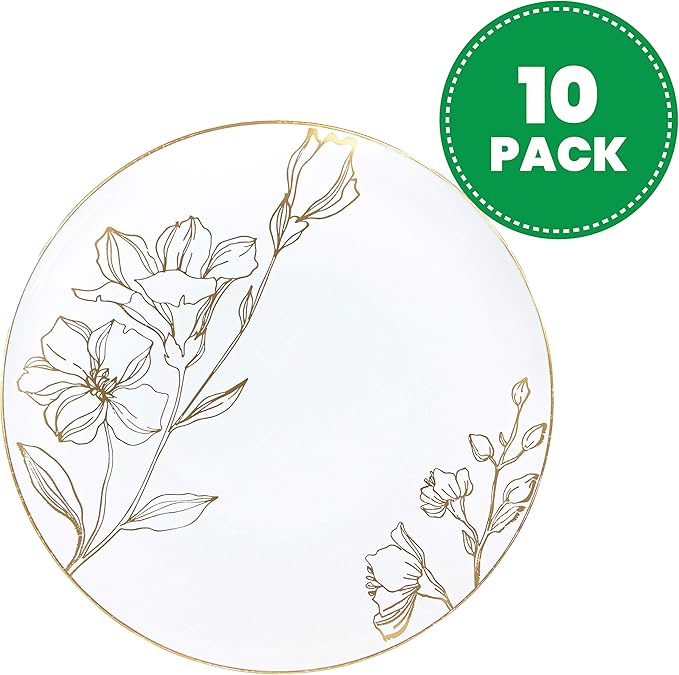 [9'' Plates 10 Count] White Plastic Floral Design Party Dinner Plates With Gold Rim Premium heavyweight Elegant Disposable Tableware Dishes