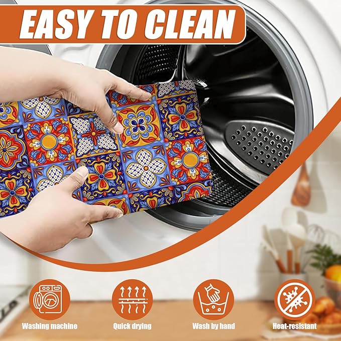 Talavera Mexican Tiles Dish Drying Mat for Kitchen Counter Microfiber Absorbent Dish Kitchen Drying Mat Draining Reusable Washable for Dishes/Utensils/Counterto