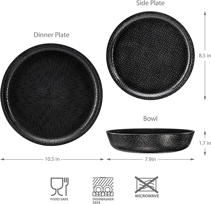 bzyoo 12 Piece Melamine Dinnerware Set - Durable, Dishwasher Safe Black Plates and Bowls - Casual Dining, Parties, Camping Dish Set Mono Black Collection