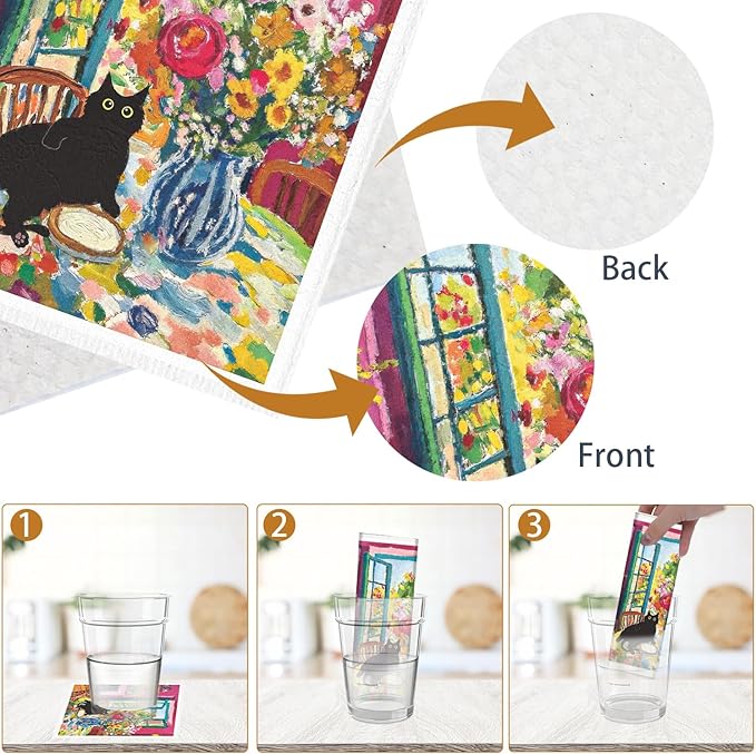 Black Cat Swedish Cloths - 6PCS Oil Painting Black Cat Swedish Dishcloths for Kitchen, Kitten Reusable Dish Towels for Washing Dishes, Washable Cleaning Sponge Gifts Quick Drying