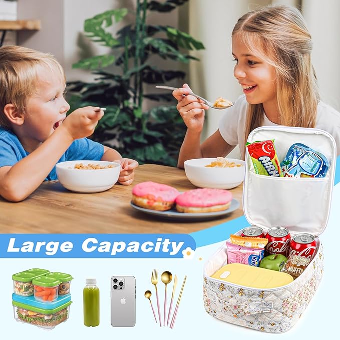 Aileam Lunch Box Lunch Bag for Women Cute Girls Insulated Womens Lunch Bag For Work Quilted Large Capacity Reusable Insulated Cooler for Work School Picnic Travel Patchwork Flowers