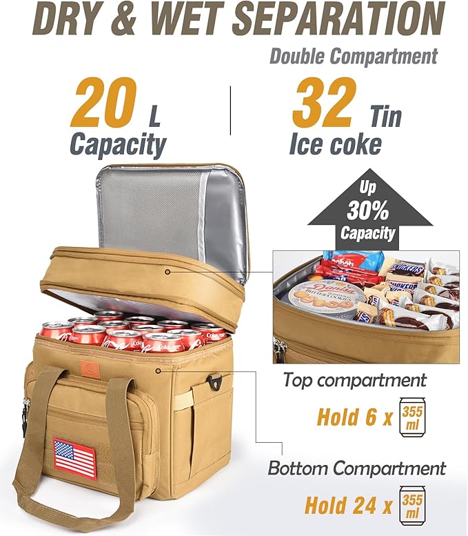 Tactical Lunch Box for Men, Expandable Heavy Duty Double Deck Tactical Lunch Bag with Shoulder Strap, Leakproof & Insulated Lunch Cooler Bag for Adult Work Fishing Picnic Travel,20L (Sandy)