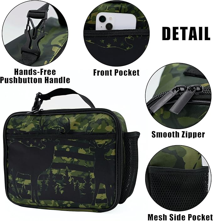 Camo Flag Deer Lunch Box Insulated Reusable Lunch Bag Tote Cooler for Women Men Boy Girl School Work Office Picnic