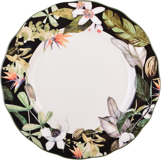 222 Fifth 12-Piece Porcelain Dinnerware Set for 4, Black & White Plates and Bowls Set with Tropical Floral Design, Glossy Ceramic Dish Set, Kitchen Tableware, Microwave & Dishwasher Safe, Borneo