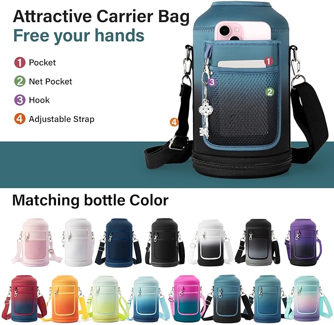 64 oz Insulated Water Bottle | Upgraded Thickened Stainless Steel Water Jug for Gym and Hiking with Straw, Carrier Bag, Handle Strap | BPA-Free 64 oz