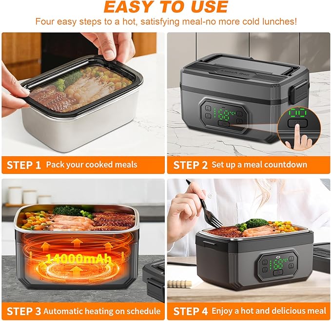 VVU&CCO Portable Electric Lunch Box for Adults with Timer,Rechargeable Self Heating Lunch Box for Men with 1.2L SS Container,21,000mAh Battery Powered, Convenient for Work/Travel/Camping