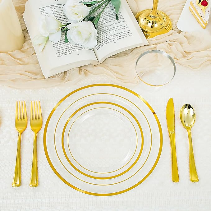WELLIFE 600 PCS Clear Gold Disposable Dinnerware Set for 100 Guests, Clear and Gold Plastic Plates, Gold rimmed Plastic Dinner & Salad Plates,Cups,Silverware Set for Wedding