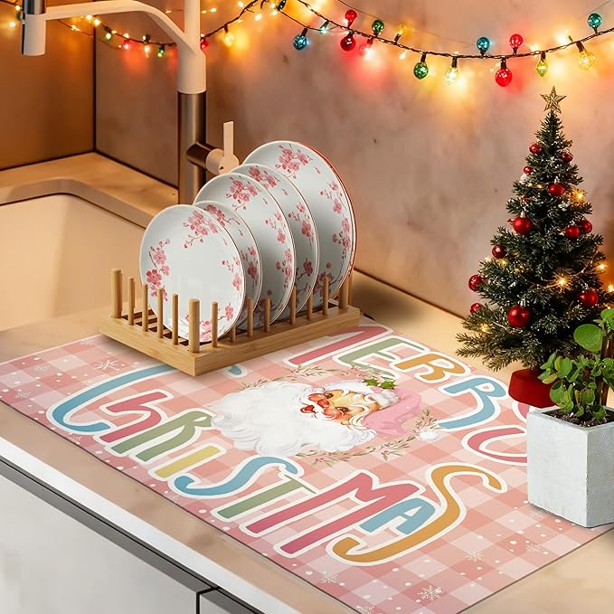 Pink Plaid Christmas Santa Dish Drying Mat, Winter Merry Christmas Coffee Bar Mat for Countertops, Preppy Santa Xmas Absorbent Dish Drying Mats for Kitchen Counter Coffee Maker, 16x24 Inch