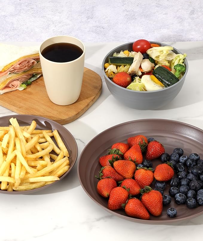 Quatish 24 Piece Plates and Bowls Sets for 6, Unbreakable Dinnerware Sets, Plastic Dish Set for Camping, Dishwasher Microwave Safe, Outdoor Kitchen and Apartment Dinning RV Essentials, Brown