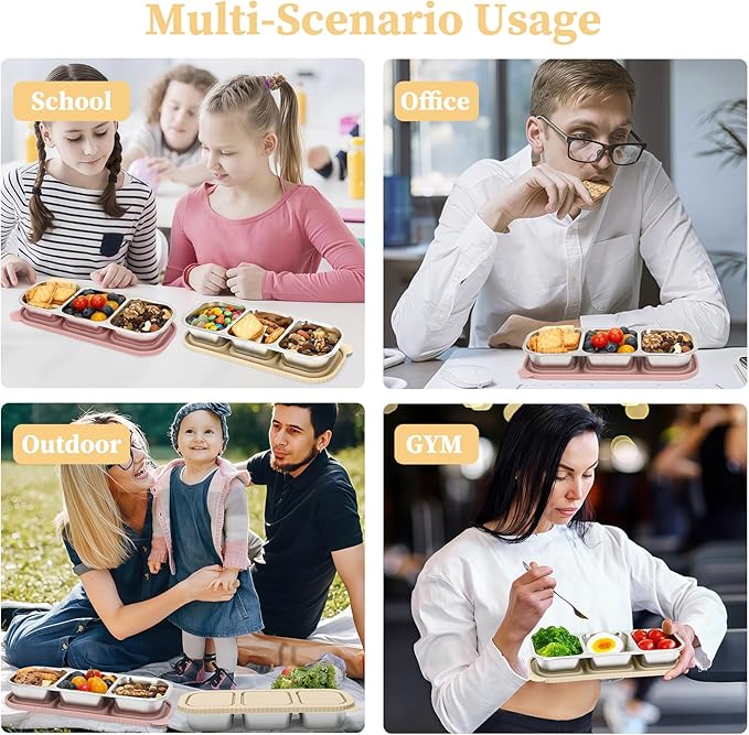 ﻿ 3 Compartment Stainless Steel Snack Containers with Silicone Lids, Reusable Food Storage Containers ，snackle box container for School ，Travel, Outdoor, Camping.