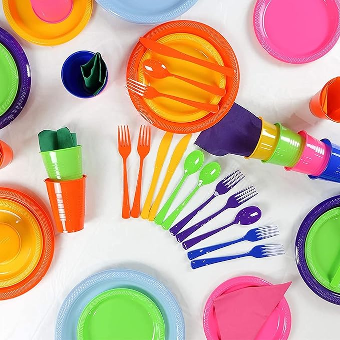 350 Pcs Orange & Black Plastic Plates For Party, Orange & Black Disposable Plates Set, 50 Of Each 9" Dinner Plate Set, 7" Dessert Plate, Cups, Napkins & Cutlery Plastic Dinnerware Party Solids