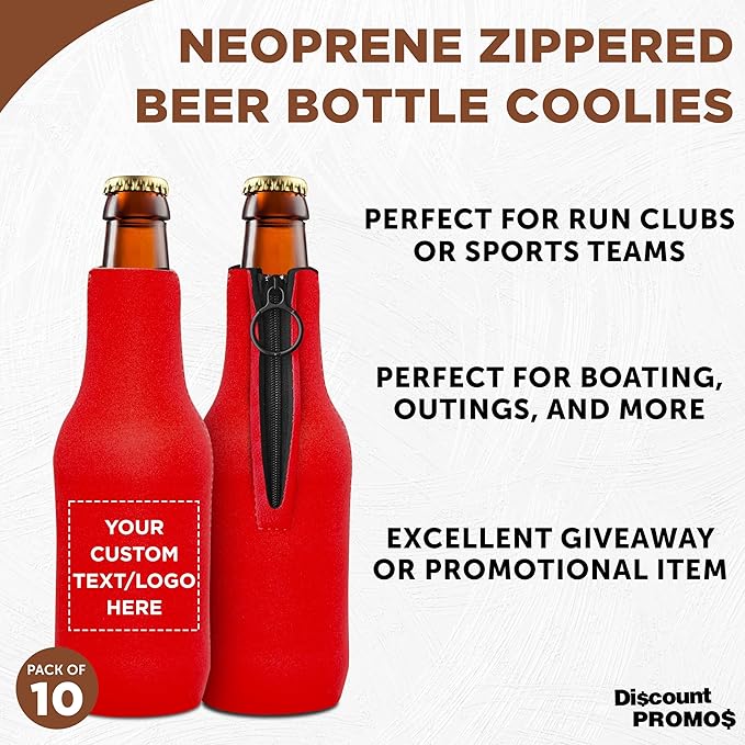10 Neoprene Zippered Beer Bottle Coolies Pack - Customizable Text, Logo - Sharkskin Rubber Bottom - Red