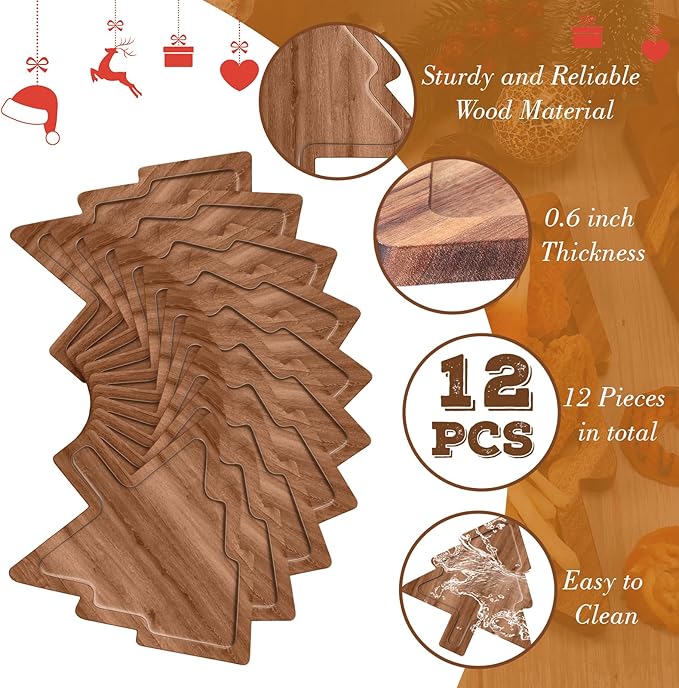 12 Pcs Christmas Appetizer Platter 12 Inch Cutting Board Acacia Serving Trays Wood Charcuterie Board Tray Snack Dessert Candy Dish Plate for Kitchen Gifts (Christmas Tree)