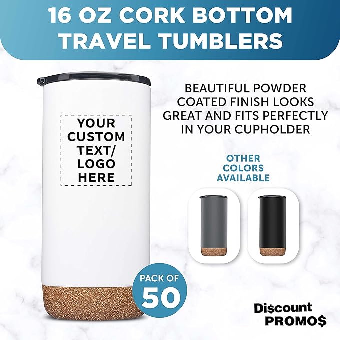 Custom Travel Tumblers with Cork Bottom 16 oz. Set of 50, Personalized Bulk Pack - Double Wall Insulated, Matte Finish, Perfect for Iced Coffee, Soda, Other Beverages - White