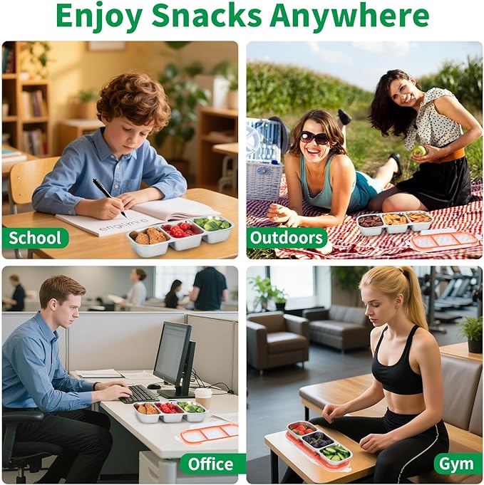 Stainless Steel Snack Containers, 3-Compartment Metal Snackle Box for Kids & Adults, Clear Reusable Condiment Box with Lids, Divided Food Storage Container for School, Work, Home & Travel