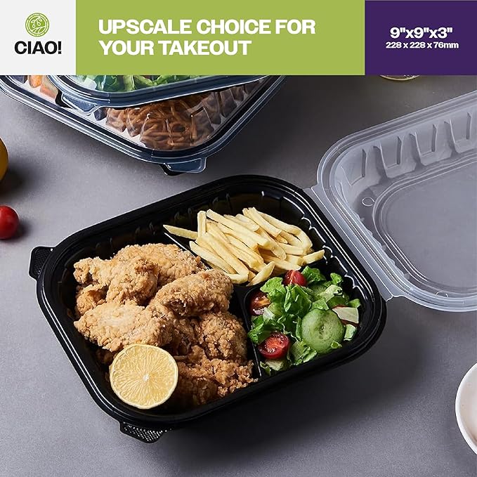 CIAO! 9"x9"x3" Polypropylene Black bottom with Clear Lid Hinged Container 3 Compartment Take Out Container, Microwavable, Recyclable and Reusable, (Case of 150)