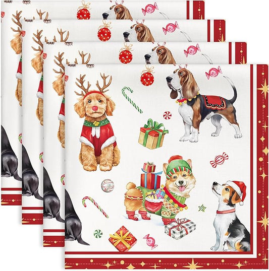 Christmas Dog Napkins, 18×18 Inch Dinner Cloth Napkins Set of 4, Washable Cotton Soft Absorbent Square Table Top Decoration for Dining Kitchen Party Wedding