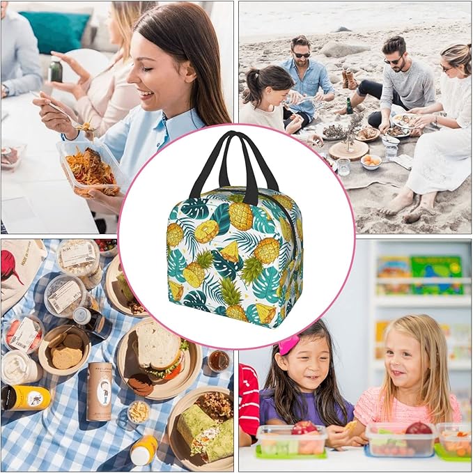 Pineapples Insulated Lunch Bag with Front Pocket,Reusable Cooler Tote with Zipper Use for Men & Women Camping/Hiking/Picnic/Beach/Travel