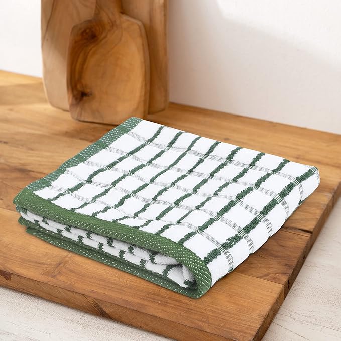 Urban Villa Kitchen Towels Green/White Set of 3 Terry Kitchen Towels 100% Cotton Ultra Soft Size 20X30 Inches Highly Absorbent Over Sized KitchenTowels with Hanging Loop KitchenTowels